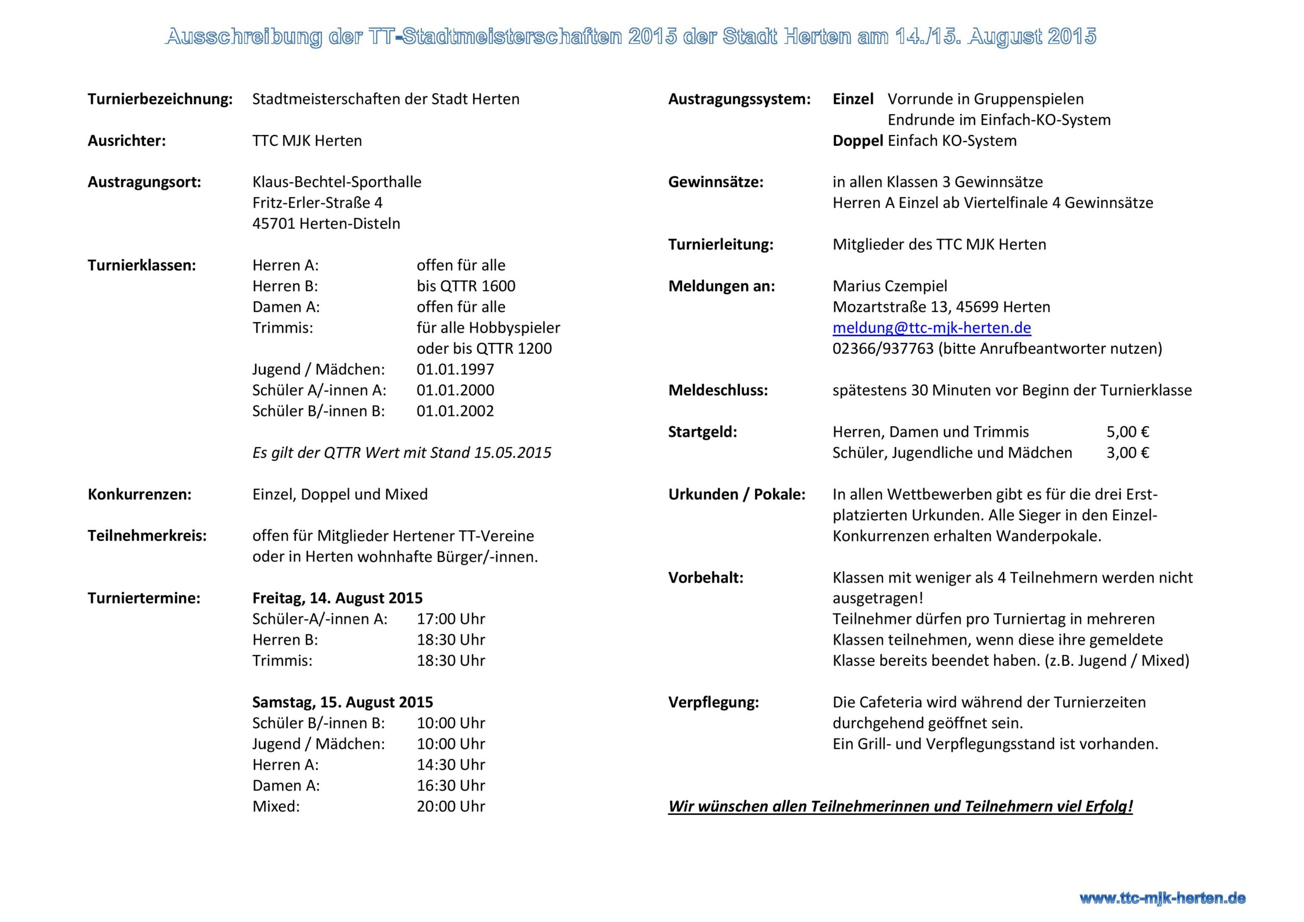 Ausschreibung Stadtmeisterschaften Herten 2015
